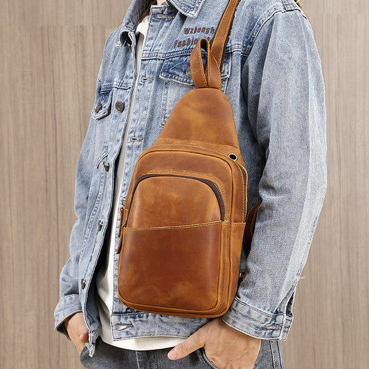 Men's Top Layer Cowhide Leather Large Capacity Portable Men's Chest Bags