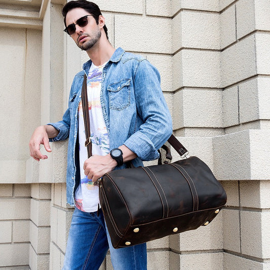 Men's Retro Traveling Crazy Horse Leather Cylinder Travel Bags