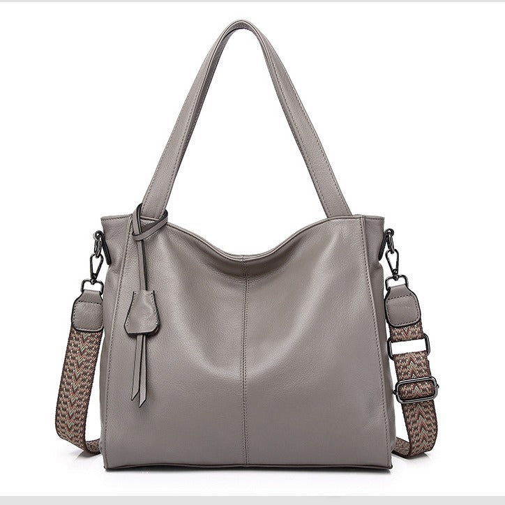 Women's First Layer Cowhide Simple Solid Color Commute Tote Bags