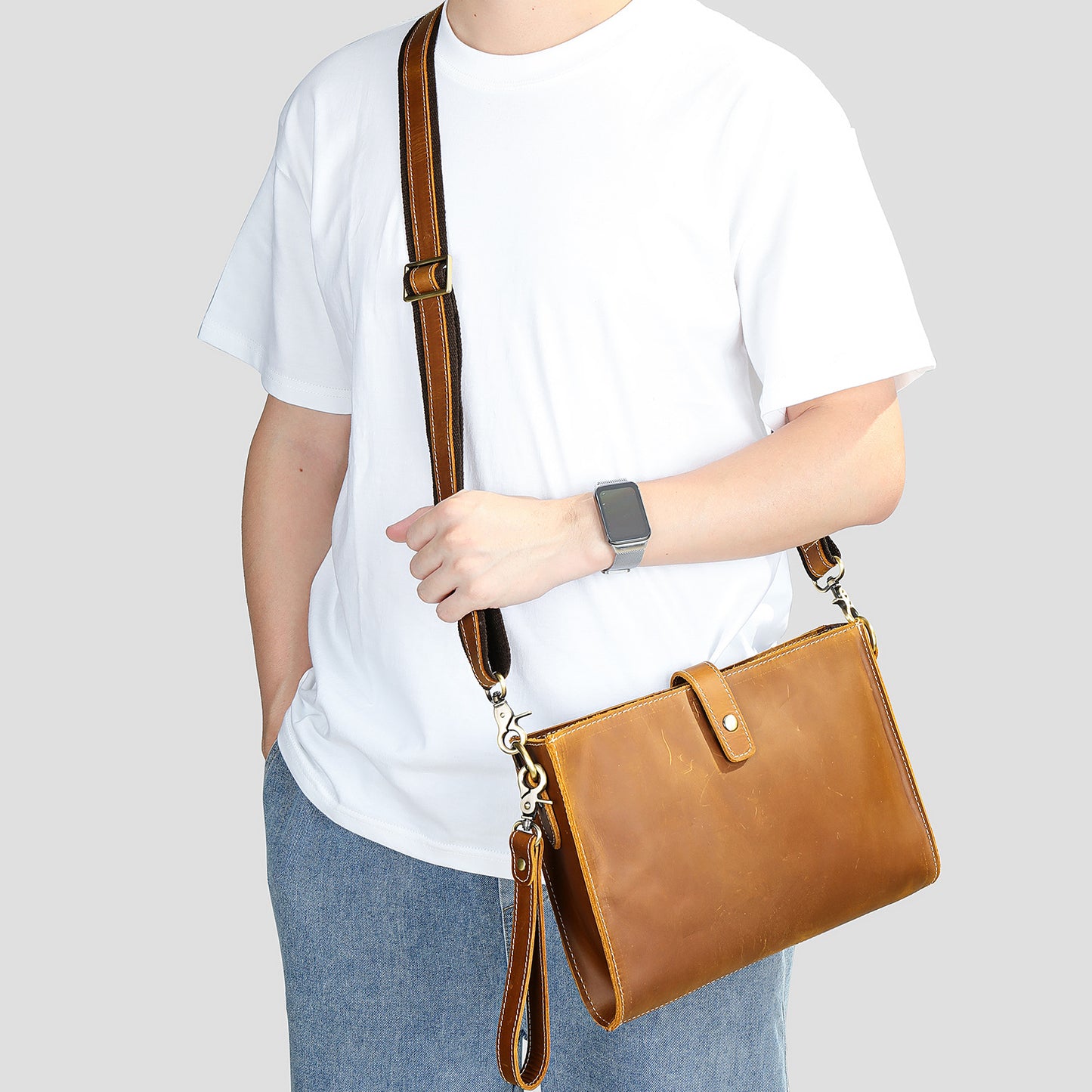 Men's Horizontal Crazy Horse Leather Clutch Vintage Men's Shoulder Bags