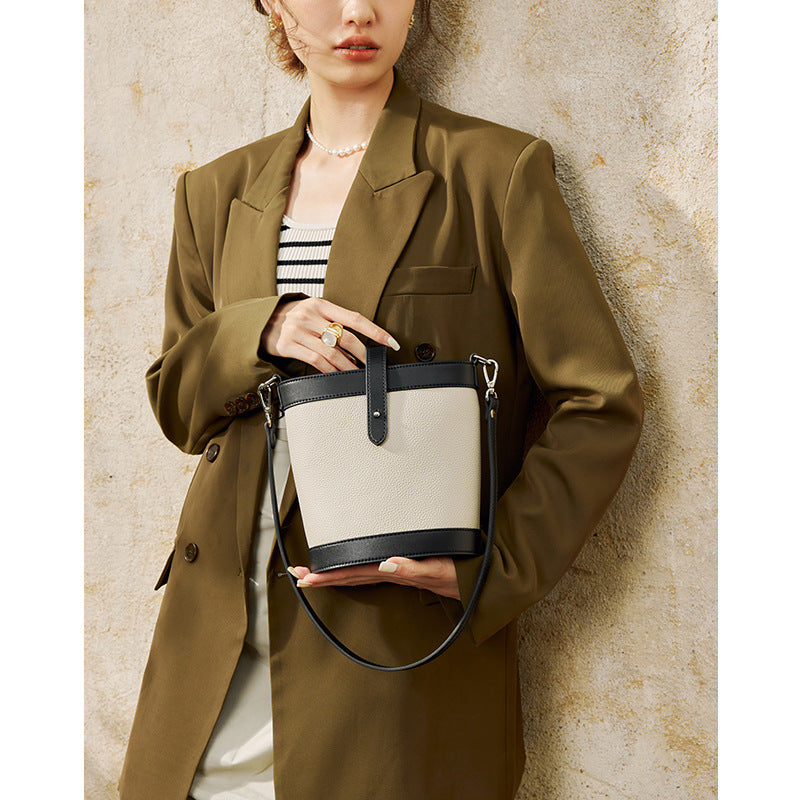 Women's Cowhide Leather Minority Fashion Contrast Color Bucket Bags