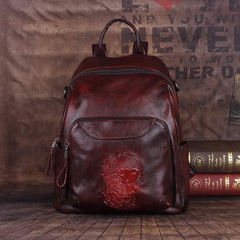 Women's First Layer Cowhide Chinese Style Retro Backpacks