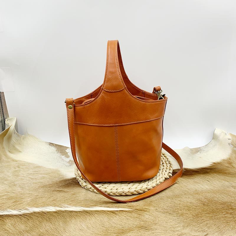 Women's Layer Cowhide Vintage Flower Basket Vegetable Handbags