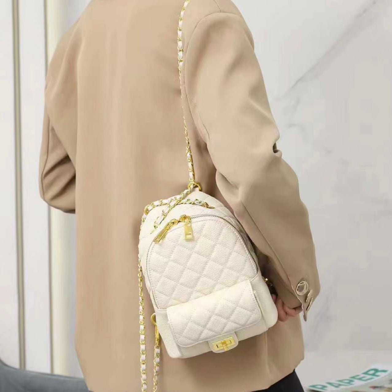 Women's First Layer Cowhide Leather Rhombus Chain Backpacks