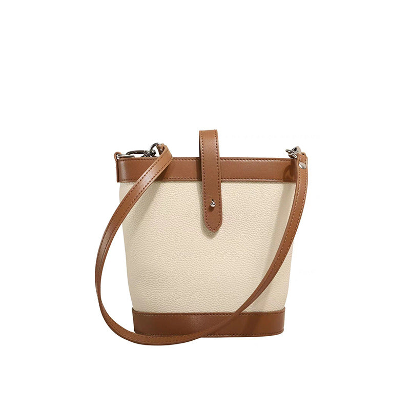 Women's Cowhide Leather Minority Fashion Contrast Color Bucket Bags