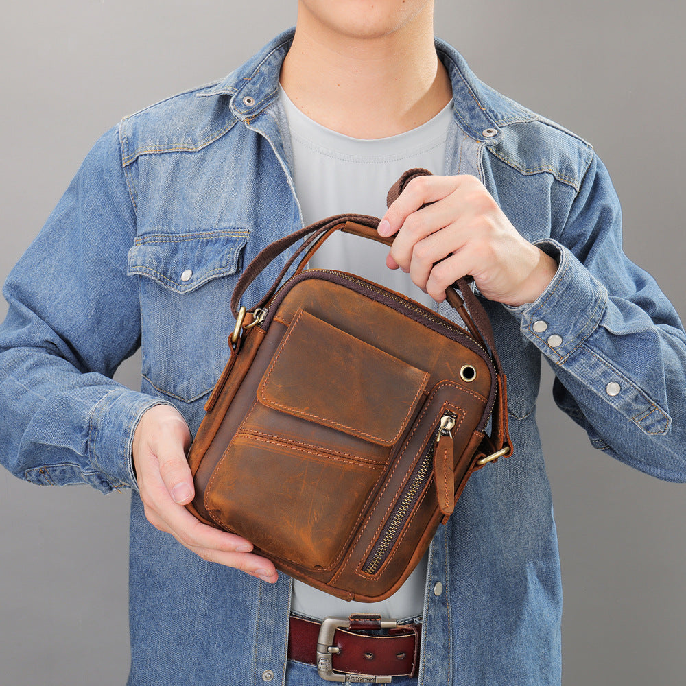 Men's Crazy Horse Leather Genuine Vertical Cell Men's Shoulder Bags
