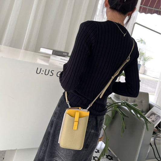 Women's Contrast Color Top Layer Leather Mini Lychee Pattern Phone Bags