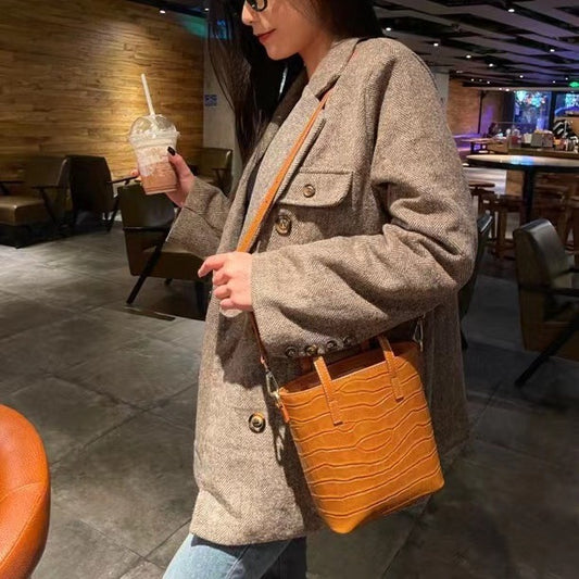 Leather Cowhide Crocodile Pattern Portable Genuine Bucket Bags