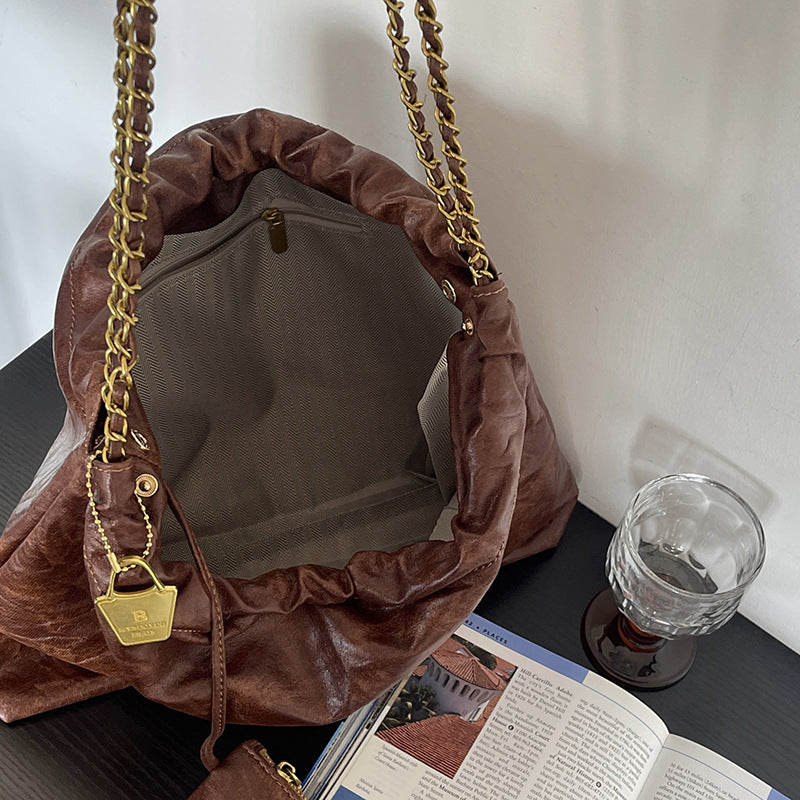 Women's Chain Texture Western Style Pleated Large Shoulder Bags