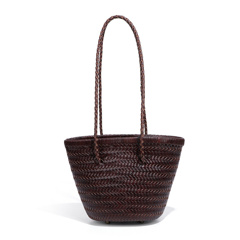 Retro First Layer Cowhide Hand-woven Single Niche Leather Bucket Bags