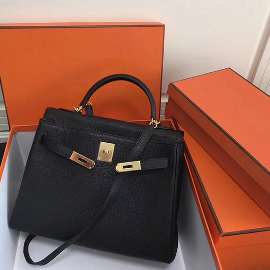 Women's Litchi Pattern First Layer Cowhide Kelly Handbags
