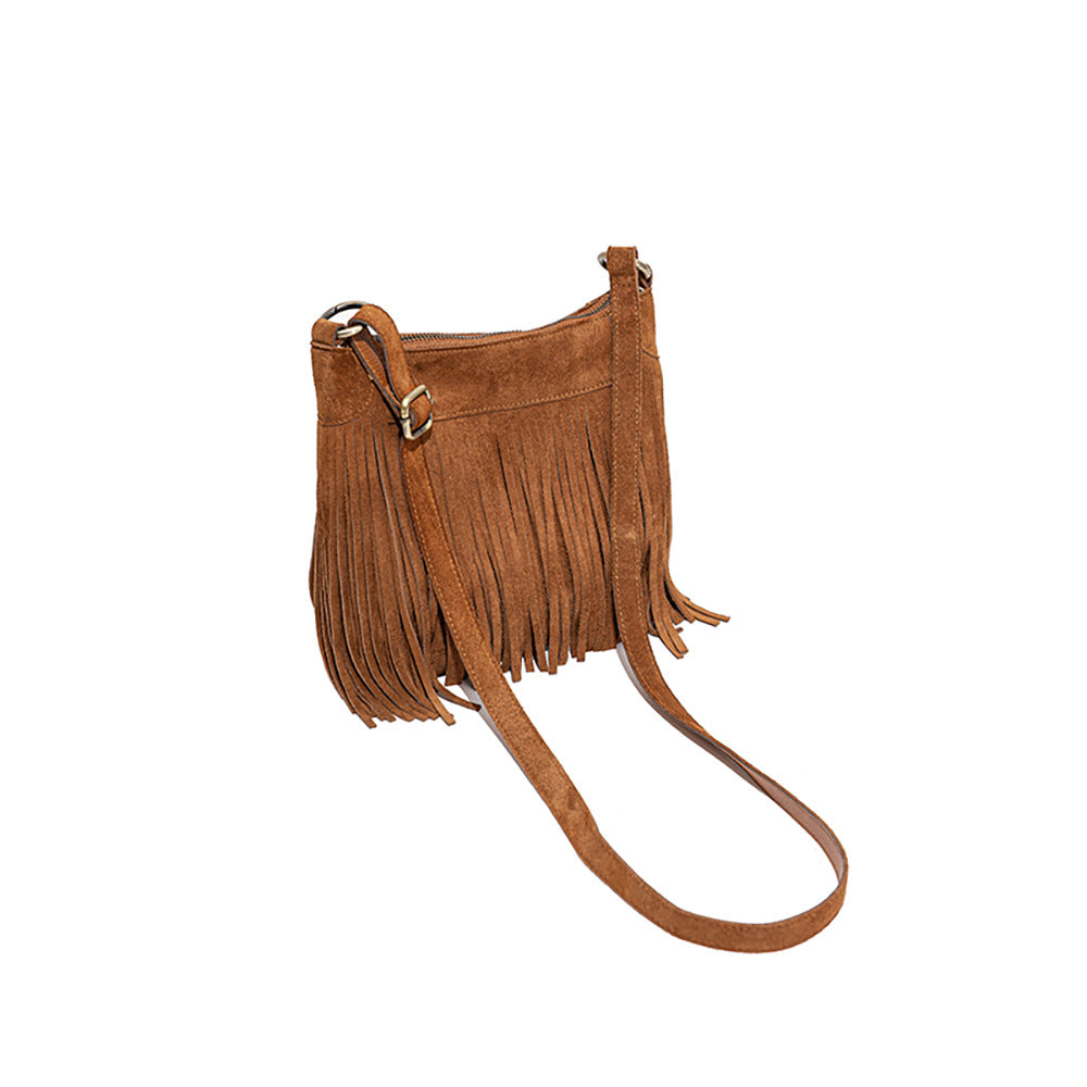 Tassel Niche Frosted Cowhide Retro Genuine Crossbody Bags