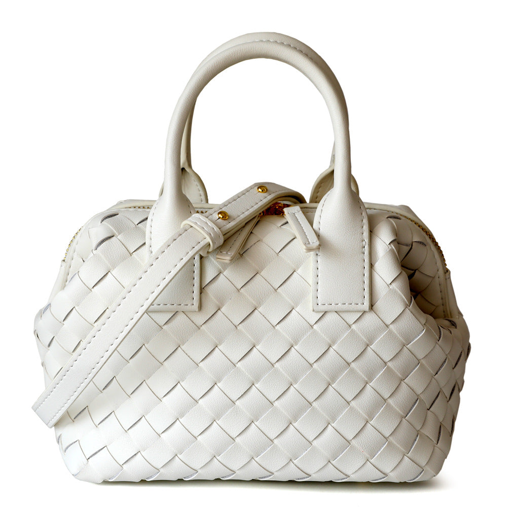 Trendy Pretty Cowhide Hand-woven Bowling Boston Bags