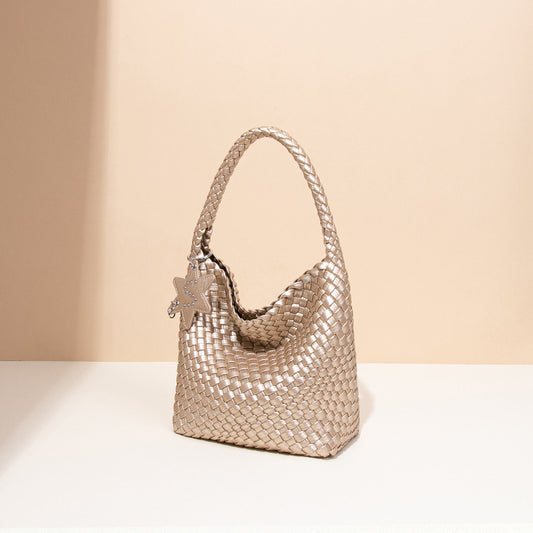 Women's Live Broadcast Champagne Gold Woven Large Shoulder Bags