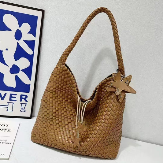 Women's Champagne Cowhide Woven Large Capacity Commuter Tote Bags
