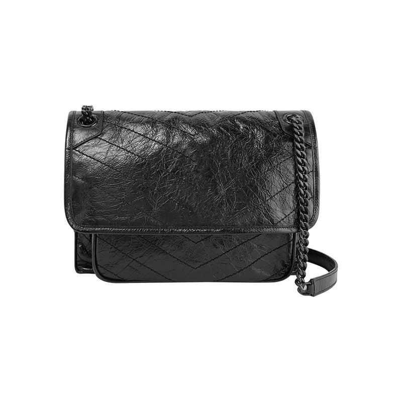 Women's Oil Wax Cowhide Retro Double Chain Shoulder Bags