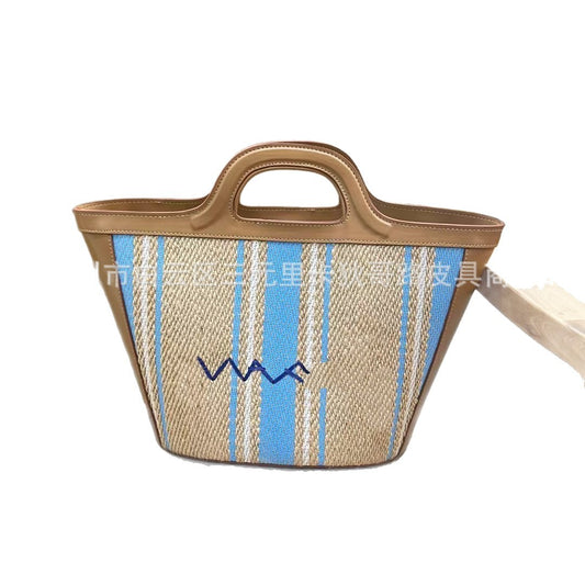 Woven Vegetable Basket Leather Grass Stitching Shoulder Bags