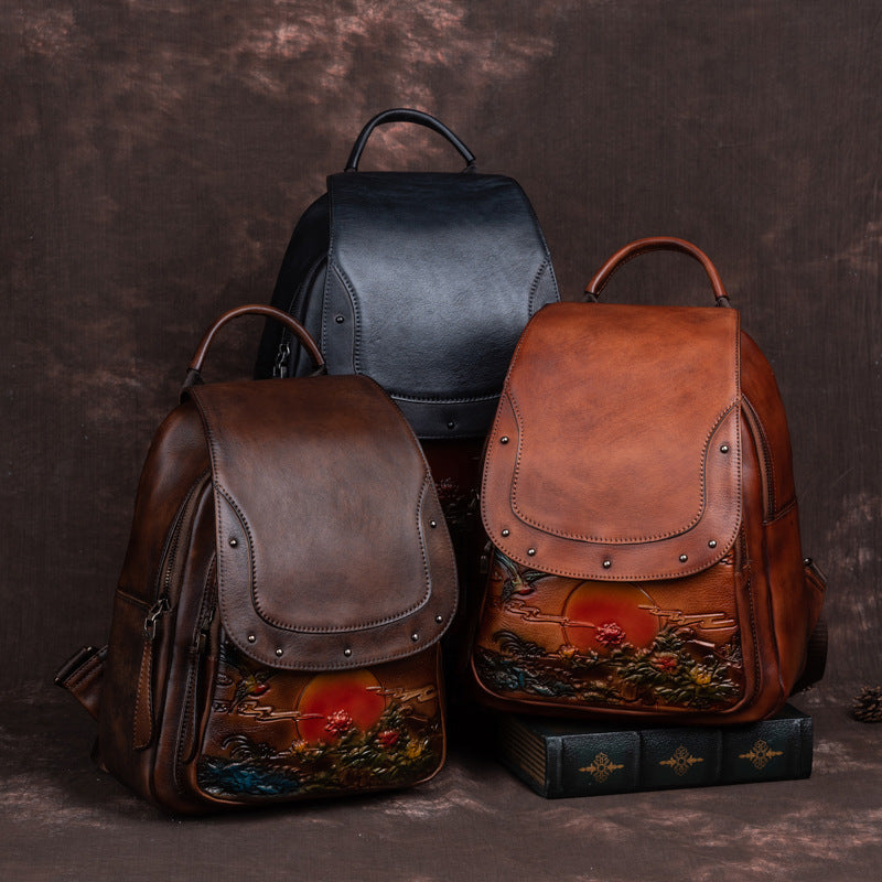 Large Capacity Retro Embossing Craft Straight Hair Artistic Backpacks