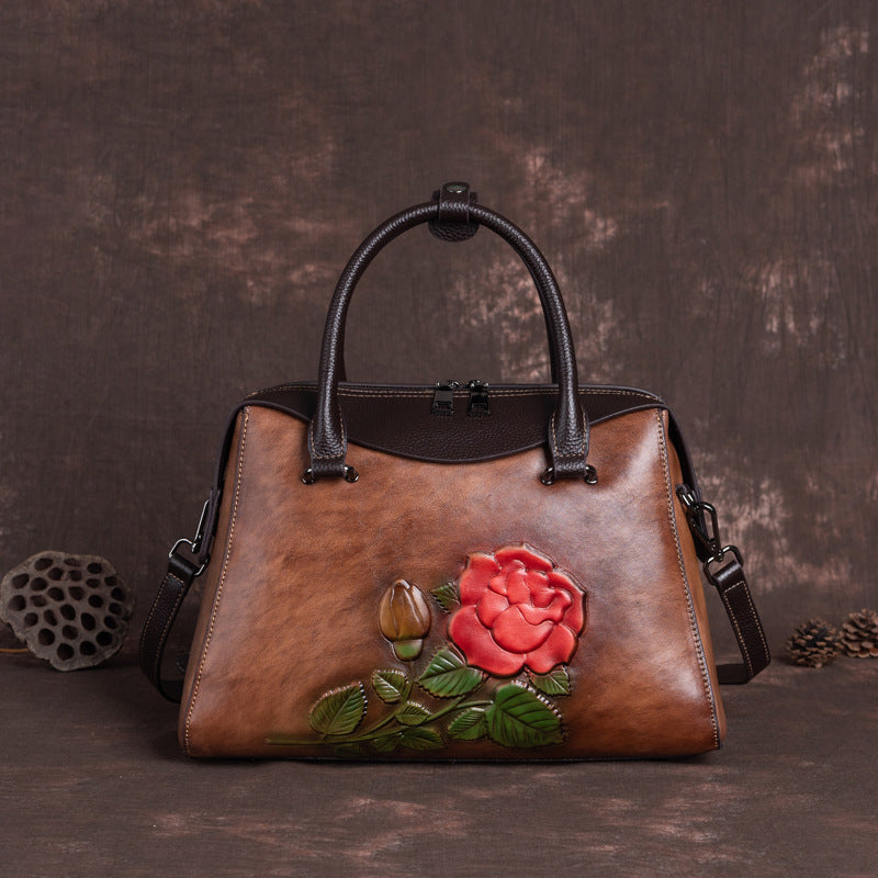 Women's First Layer Cowhide Retro Style Embossed Color Bags