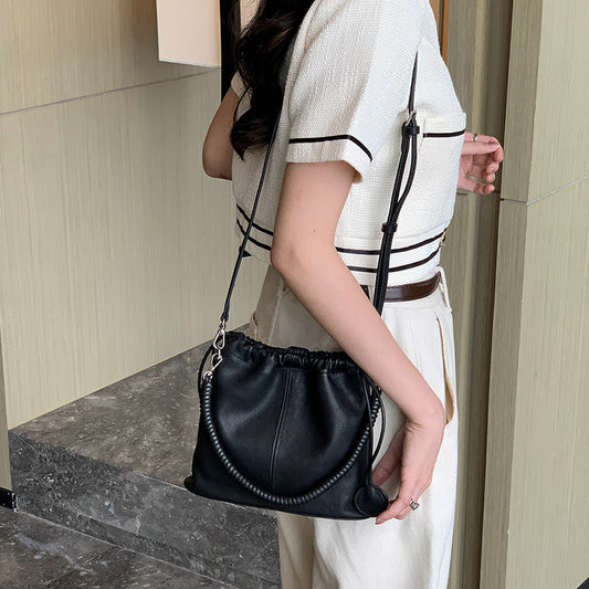 Women's Glutinous Sheepskin Genuine Leather Drawstring Niche Crossbody Bags
