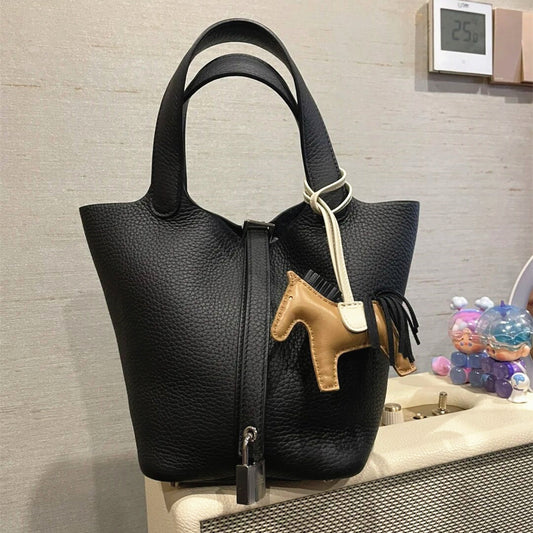 Women's Basket Genuine Leather Lychee Pattern First Tote Bags