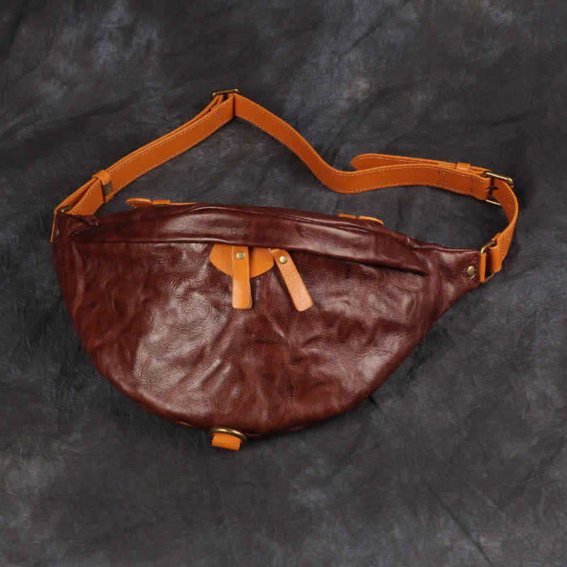 Men's Retro Vegetable Tanned Leather Cowhide Genuine Men's Chest Bags