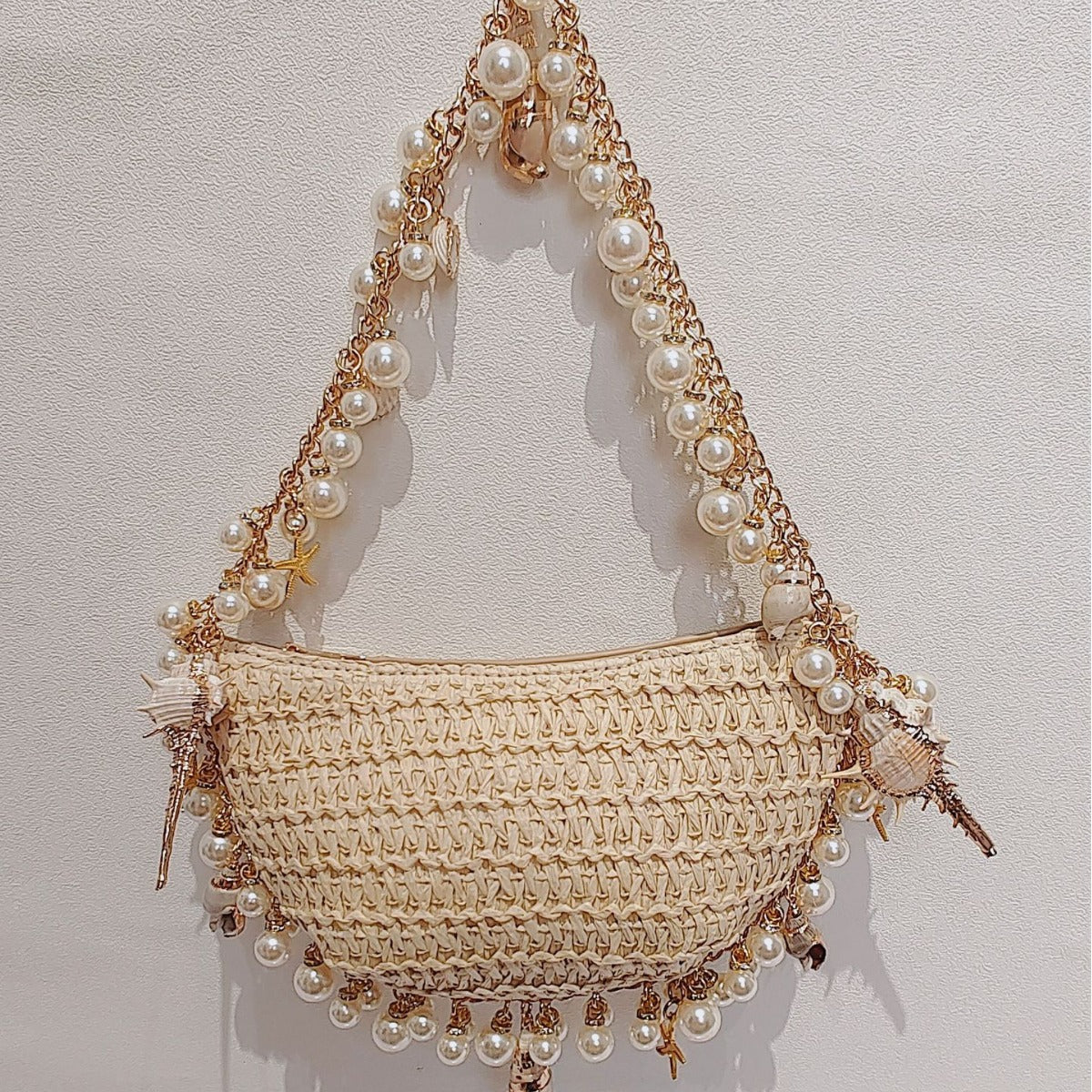 Women's Pearl Conch Straw Woven Seaside Holiday Handbags