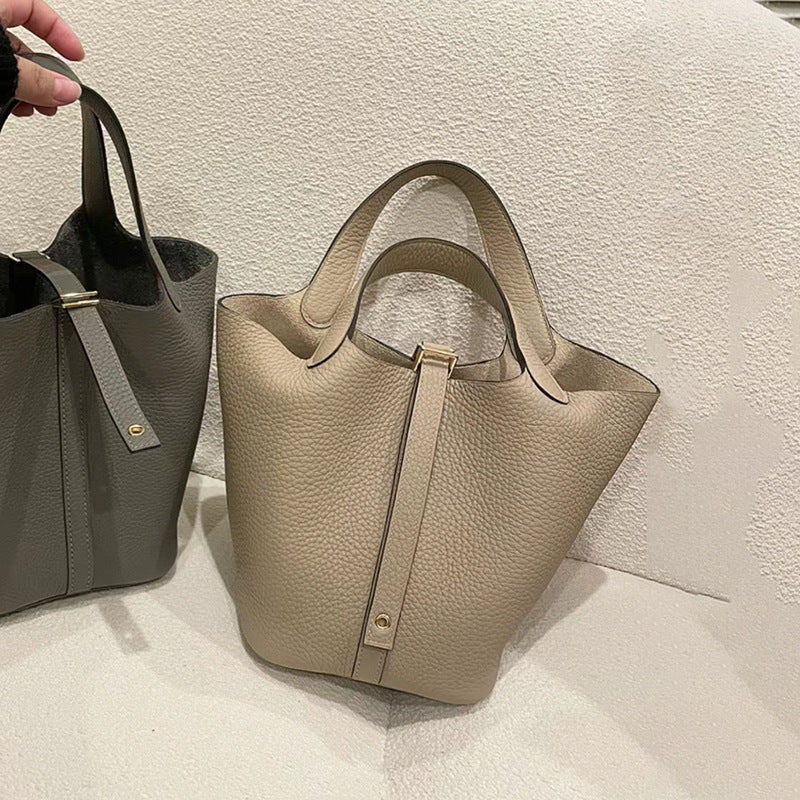 Women's Line Vegetable Basket Genuine Leather Litchi Pattern Handbags