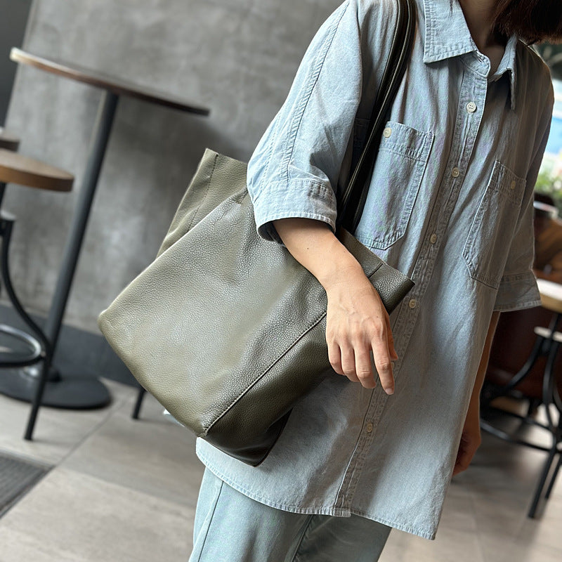 Women's Top Layer Cowhide Big Shopping Genuine Leather Simple Tote Bags
