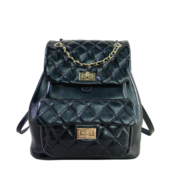 Oil Wax Cowhide Classic Style Rhombus Backpacks