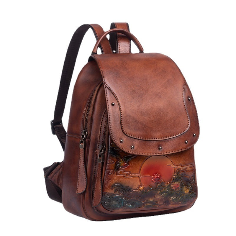 Large Capacity Retro Embossing Craft Straight Hair Artistic Backpacks