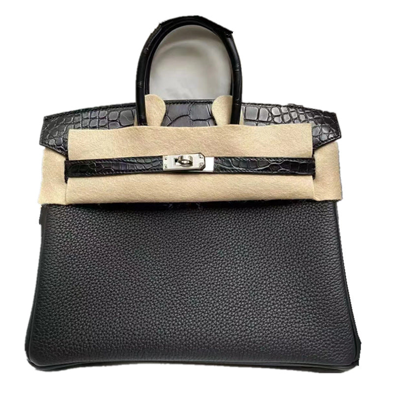 Pattern Color Matching Calfskin Litchi Genuine Handbags