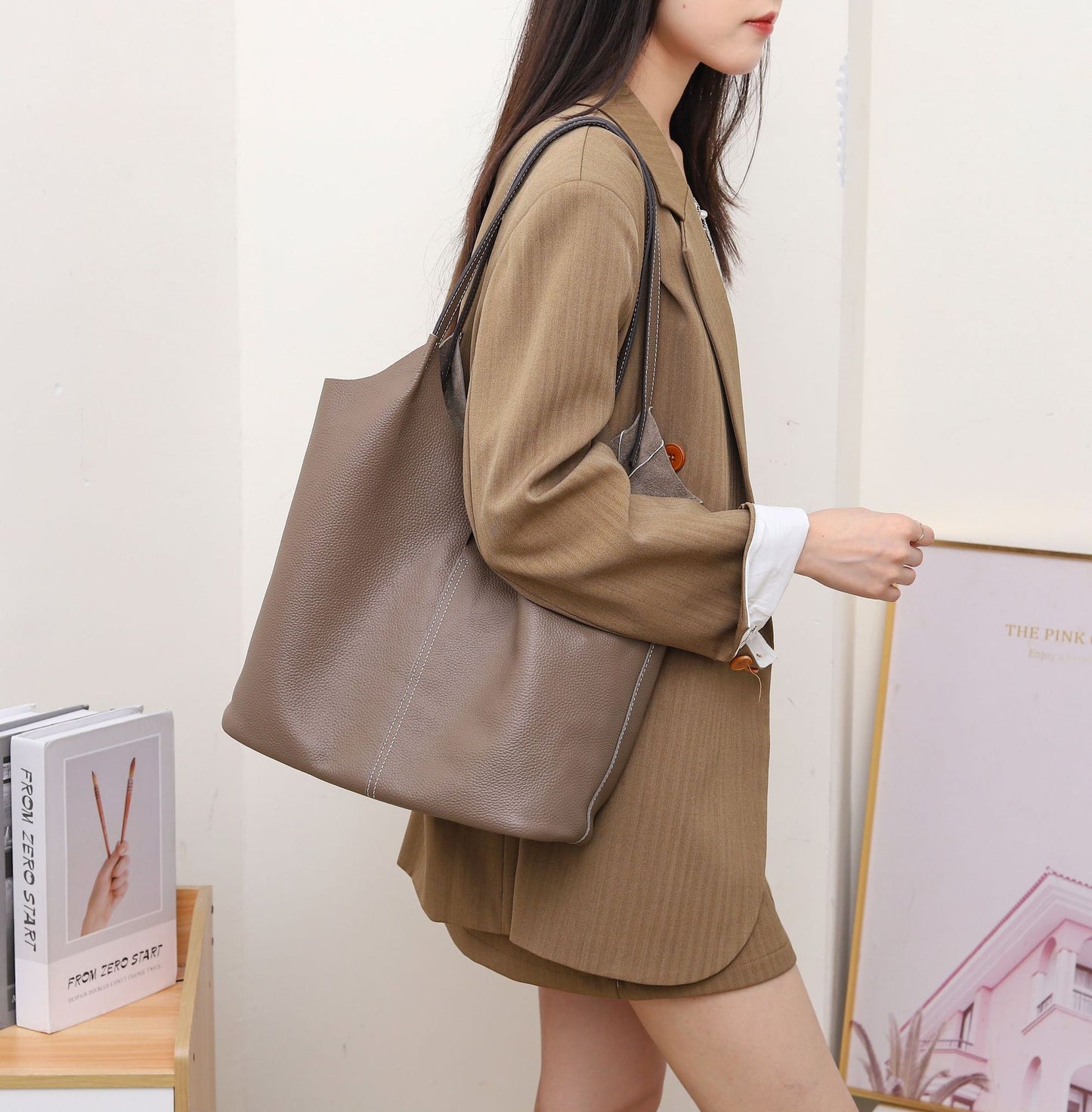 Big Litchi Pattern First Layer Cowhide Shoulder Bags