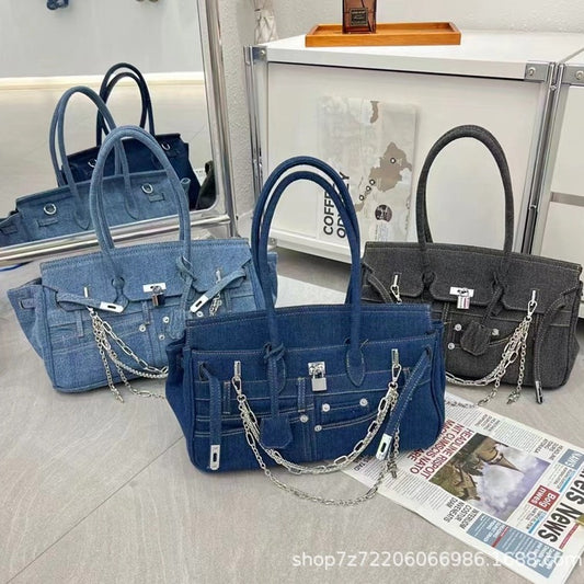Women's Denim Portable Spoof Pants Pocket Design Tote Bags