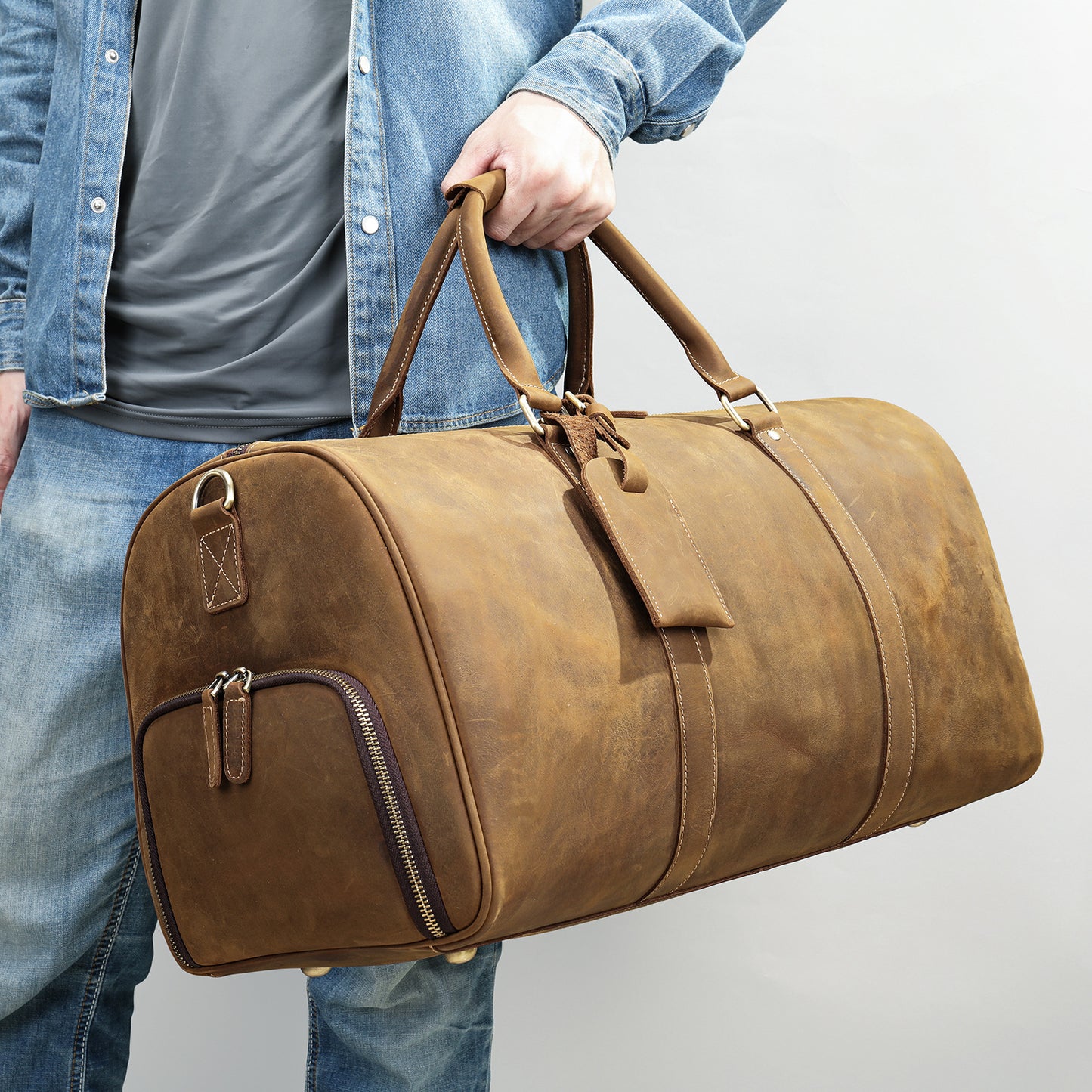 Men's Crazy Horse Leather Large Capacity Independent Shoe Warehouse Travel Bags