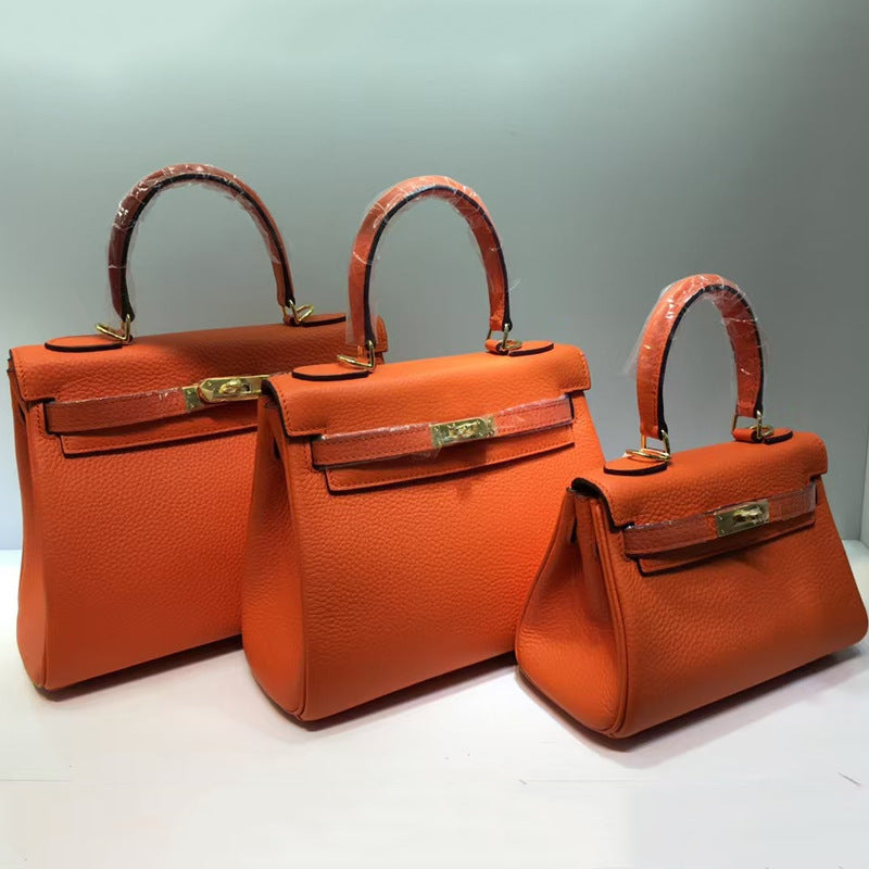 Women's Litchi Pattern First Layer Cowhide Kelly Handbags