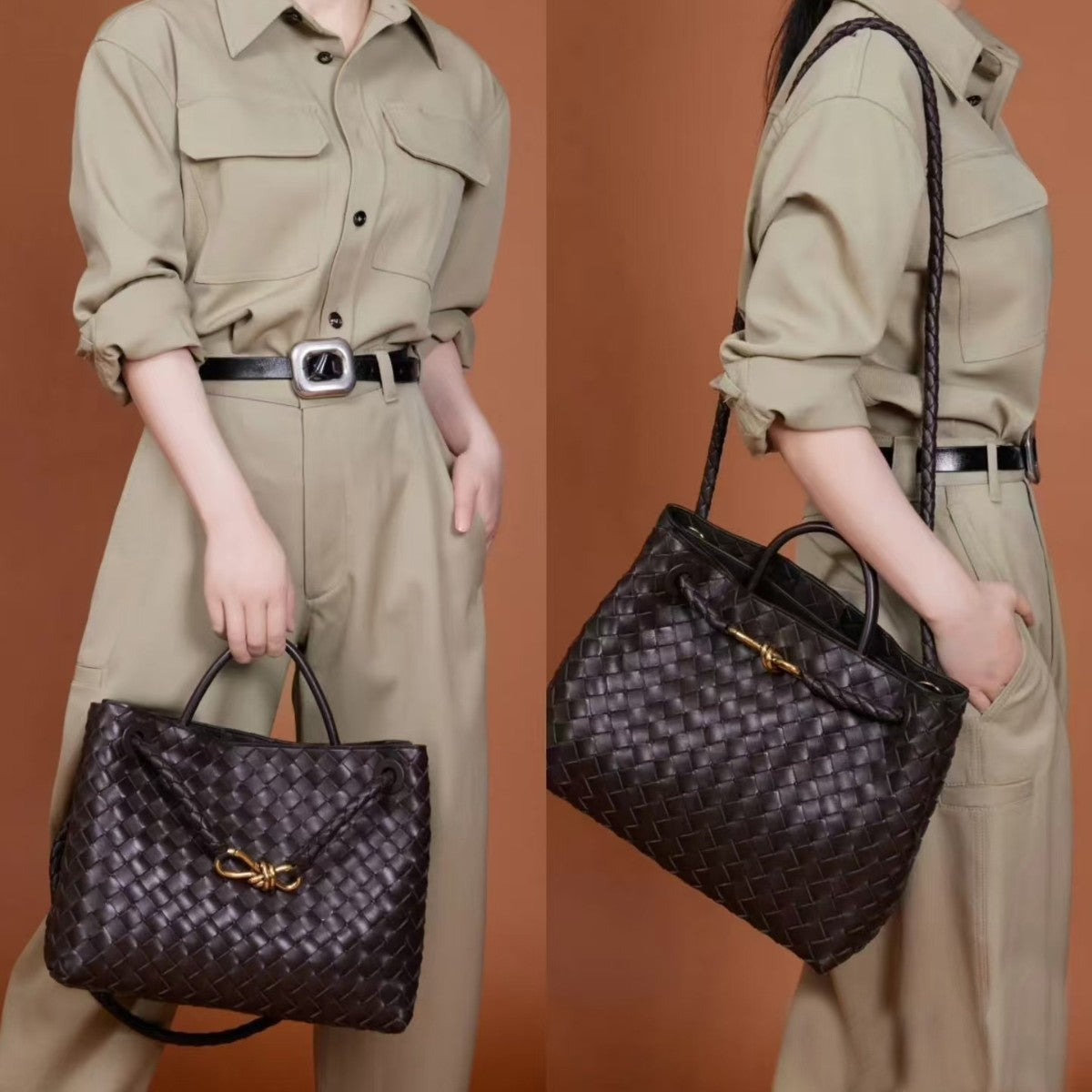 Women's Bow Metal Cord Fastener Woven Genuine Leather Shoulder Bags