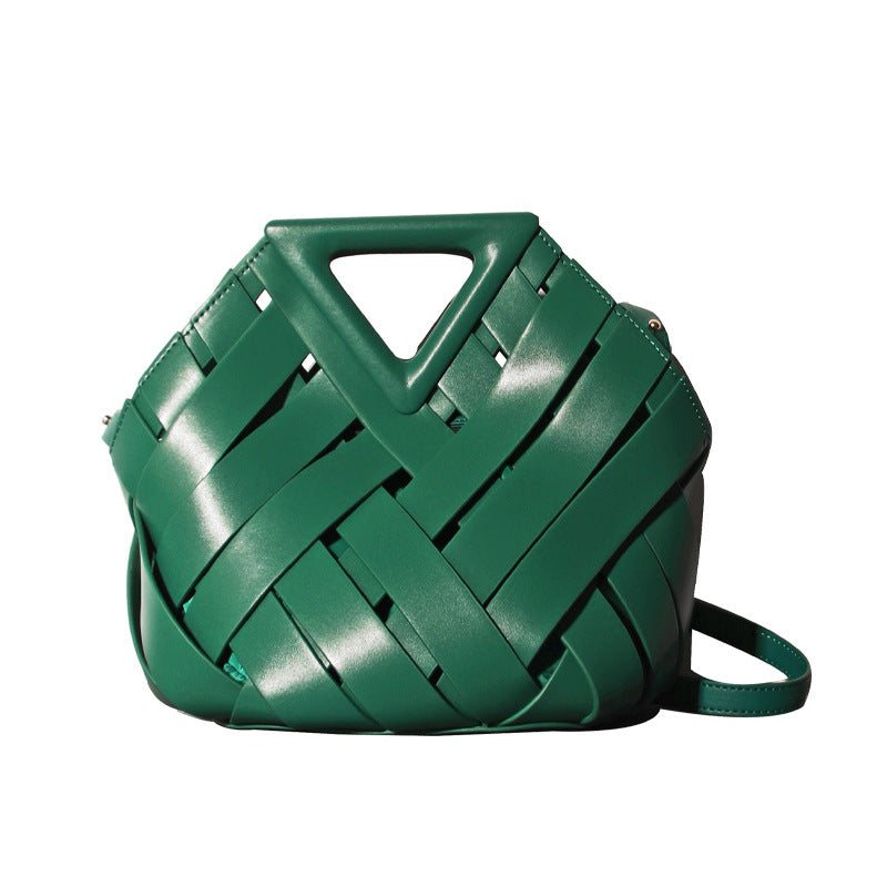 Women's Design Cowhide Inverted Triangle Woven Hollow Shoulder Bags