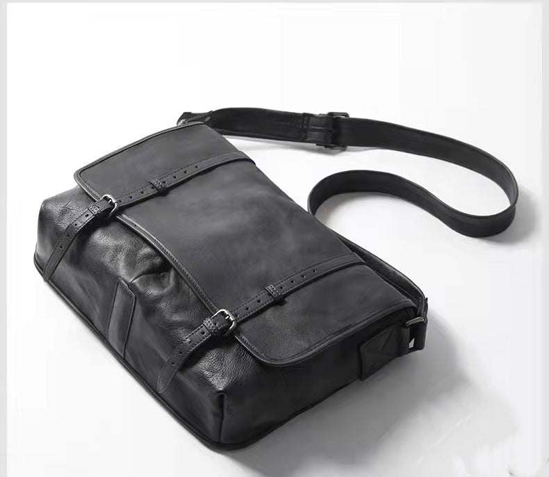 Men's Retro Cowhide Commuter Portable Green Motorcycle Men's Messenger Bags