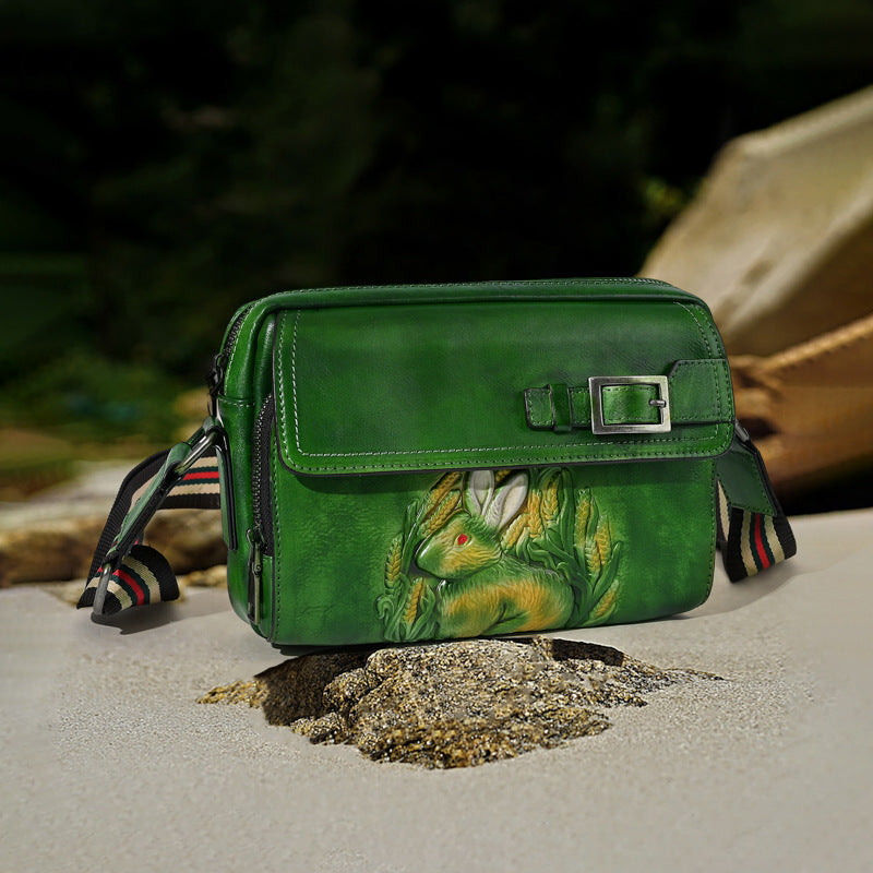 Chinese Style Embossed Rabbit First Layer Shoulder Bags