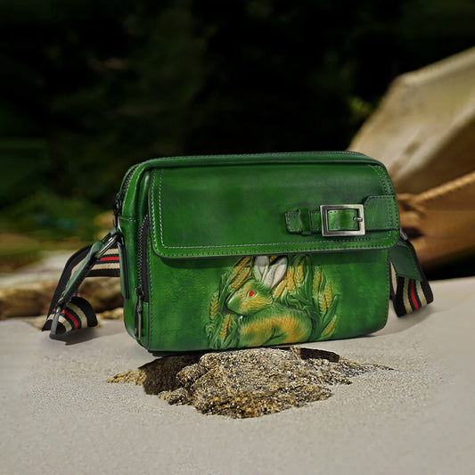 Chinese Style Embossed Rabbit First Layer Shoulder Bags