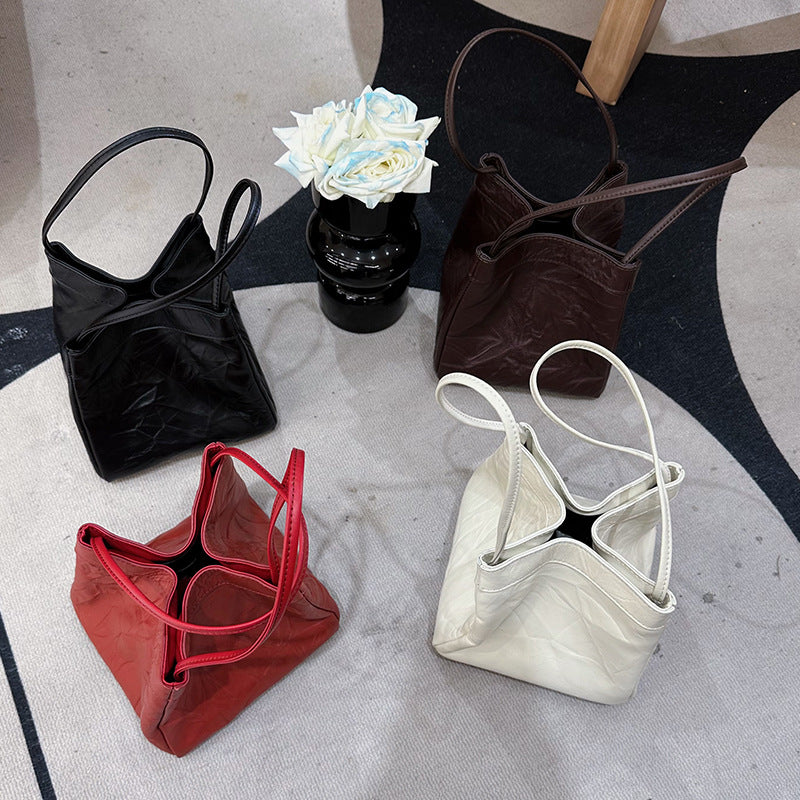 Women's Basket Leather Niche Fashionable Pleated Tip Handbags