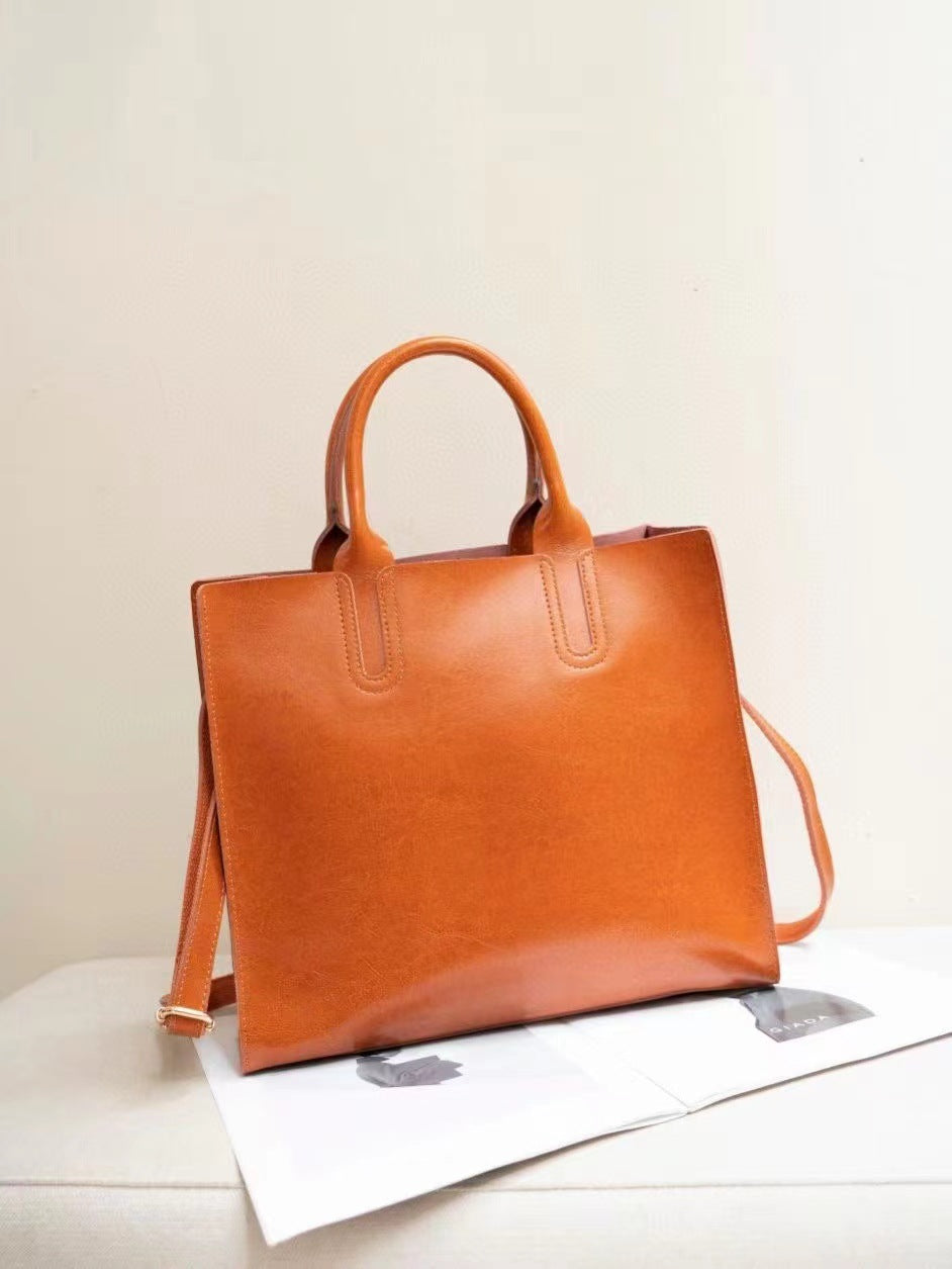 Women's Cow Leather Oil Waxed Retro Large Tote Bags