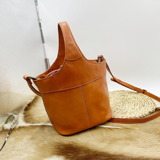 Women's Layer Cowhide Vintage Flower Basket Vegetable Handbags