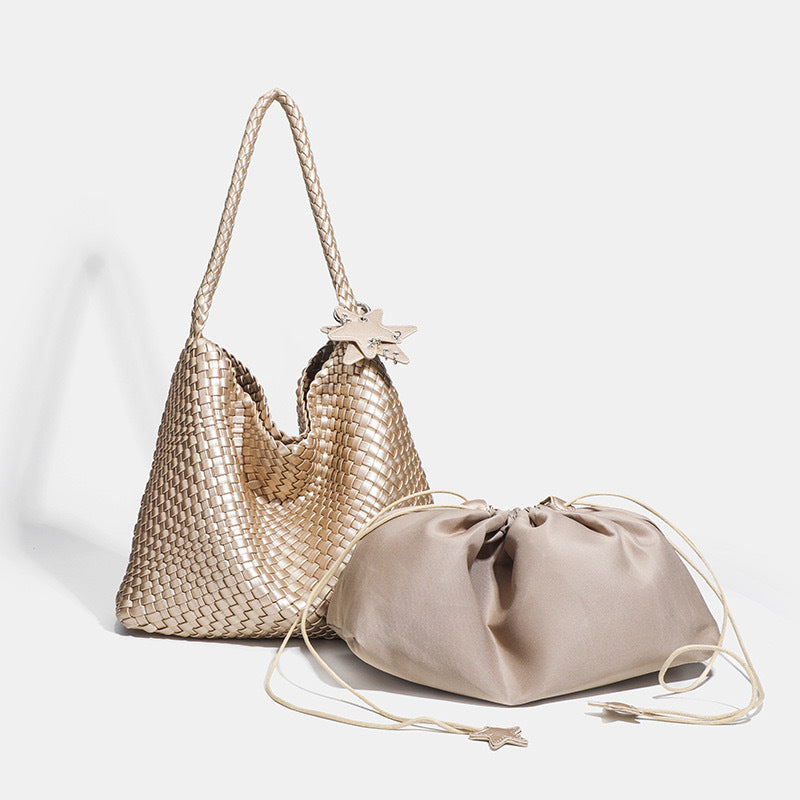 Women's Champagne Woven Large Capacity Fashion Commuter Shoulder Bags