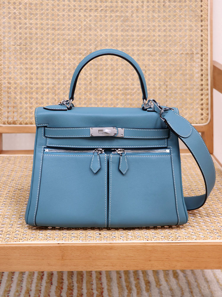 Women's Wide Strap Leather Kelly Double Pocket Crossbody Bags