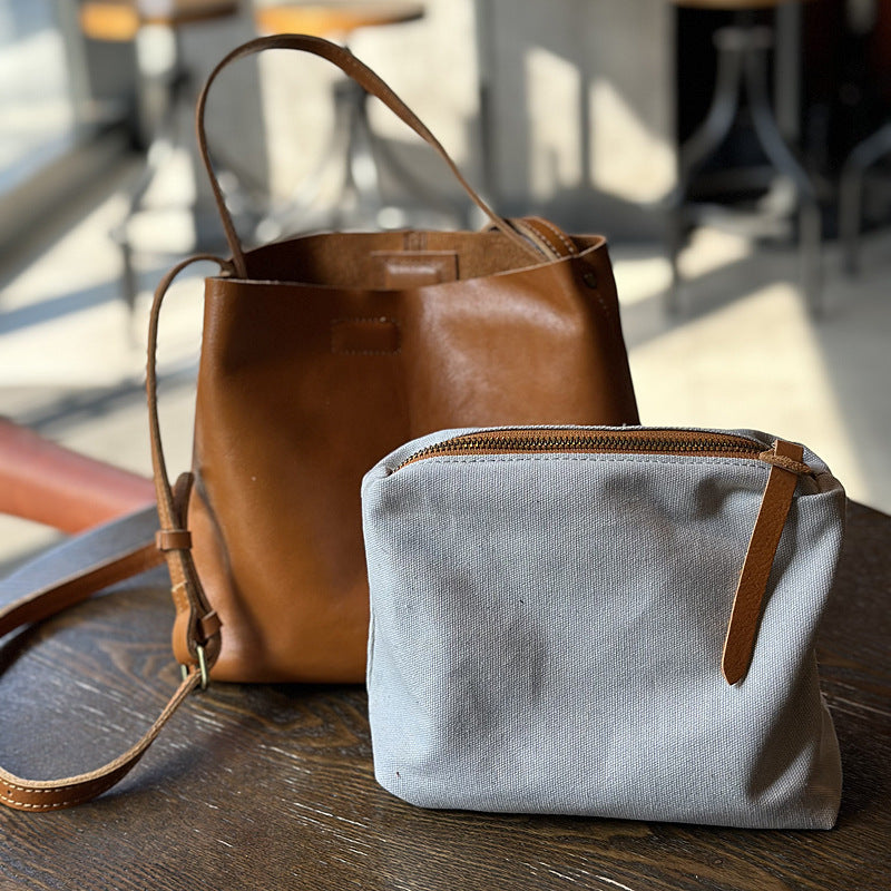 Women's Genuine Leather Simple Artistic Retro Vegetable Bucket Bags