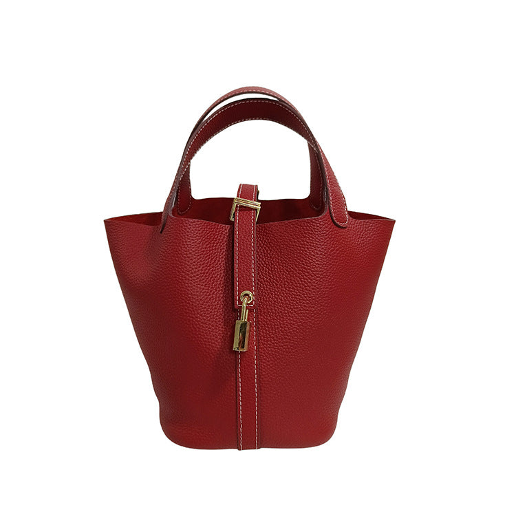 Women's Vegetable Basket Genuine Leather Litchi Pattern First Layer Handbags