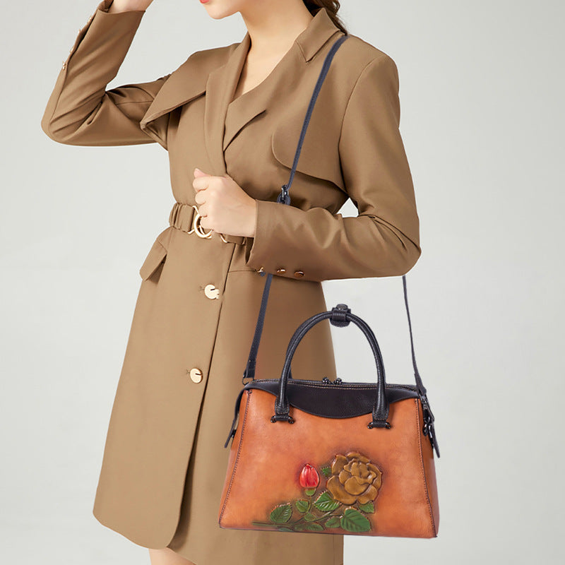 Women's First Layer Cowhide Retro Style Embossed Color Bags