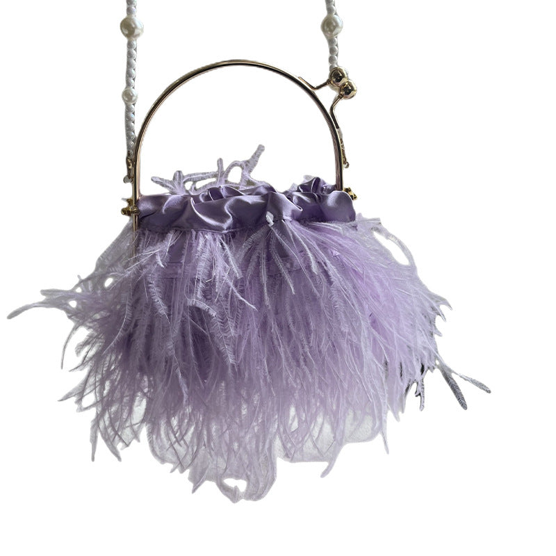 Women's Ostrich Feather Fairy Portable Pearl Chain Bags